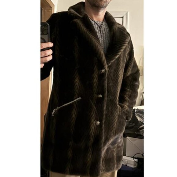 Men's Faux Mink Coat Mid-Length Open Front Single Breasted Reversible Fur Jacket - Picture 8 of 10